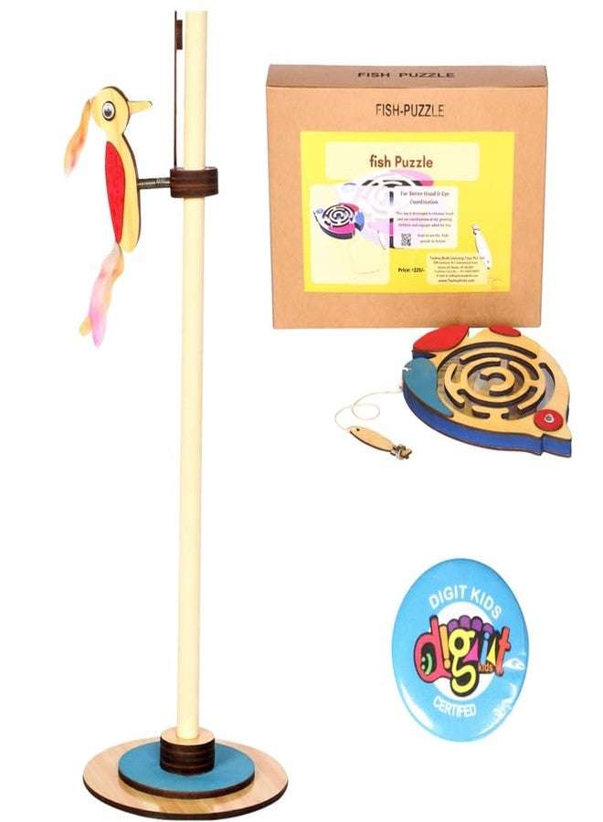 Techny Birds Technybirds Wooden Pecking Woodpecker, Wooden Fish Maze Puzzle, and Badge Combo | Educational Toys for Kids | Montessori Learning | Imaginative Play | Problem-Solving - Image 1